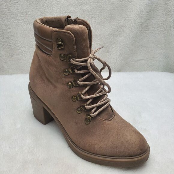 Chunky Boho Lace up Ankle Boots. Suede. Tan. Side zip. 3" heel. Rubber soles and - Picture 2 of 11